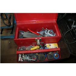 SMALL RED METAL TOOLBOX WITH CONTENTS
