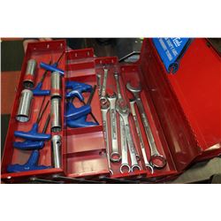 SMALL RED METAL FOLD OUT TOOL BOX WITH CONTENTS