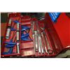 Image 1 : SMALL RED METAL FOLD OUT TOOL BOX WITH CONTENTS