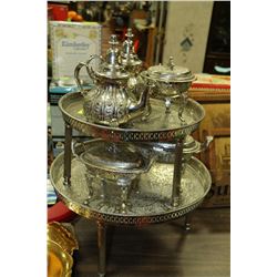 TWO TIERED SILVER PLATE STAND WITH TEA POTS/DISHES