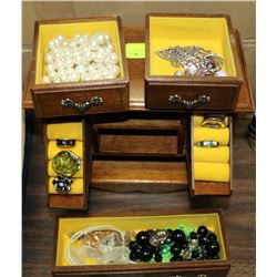 WOOD JEWELLERY BOX FILLED WITH JEWELLERY