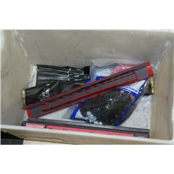 BIN OF ASSORTED TOOLS INCLUDING TABLE SAW