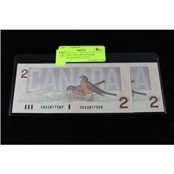 GEM UNC 1986 TWO DOLLAR "ROBIN" BANKNOTES X2