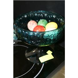 BLUE GLASS CANDY DISH WITH 5 STONE EGGS