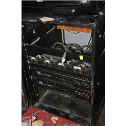 AMP STAND W 2 QSC RMX1850HD POWER AMPLIFIERS