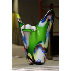 GREEN AND WHITE ART GLASS FLUTED VASE