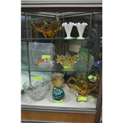 CONTENTS OF CORNER CABINET INCLUDES ART GLASS