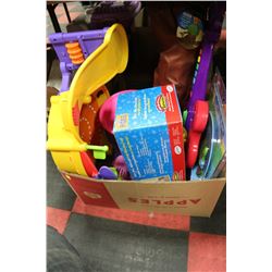 BOX OF CHILDRENS ITEMS INCLUDING TOYS, FOLDING