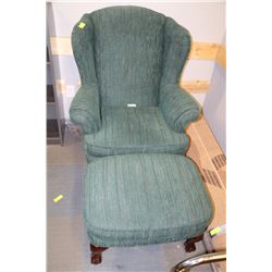 GREEN WING BACK PARLOUR CHAIR W OTTOMAN
