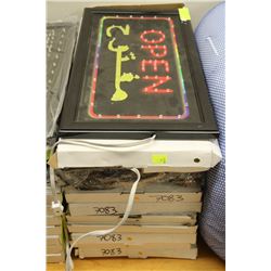 STACK OF OPEN IN ENGLISH AND ARABIC LIGHT UP