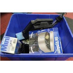 BIN OF MISC INCLUDING LED HANGING LAMP, RADIO,