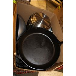 BOX OF COOKWARE INCLUDES CAST IRON FRYING PAN