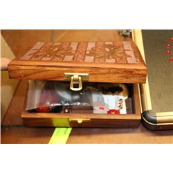 CARVED WOODEN BOX FILLED W/ STAMPED COLLECTIBLES