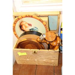 BOX OF WOODEN ITEMS INCLUDING LAMP, TRAYS,