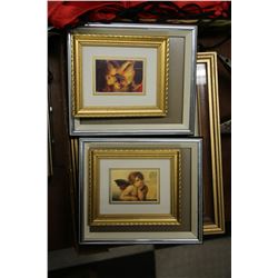 FLAT OF FIVE PICTURES & METAL AND GLASS WALL LIGHT