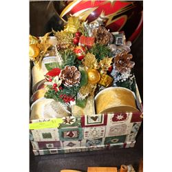 BOX OF CHRISTMAS RIBBONS & DECORATIONS