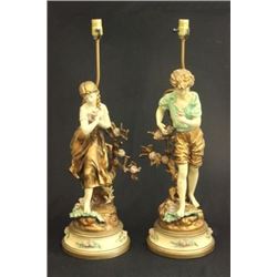 Pair Signed Moreau White Metal Figural Lamps