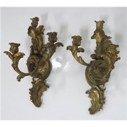 Pair Finely Cast Doré Bronze 3 Arm Sconces