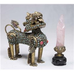 Jewelled Brass Foo Dog & Quartz Guan Yin