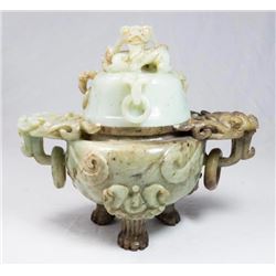 Chinese Softstone Incense Burner with Foo Dogs