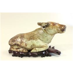 Chinese Soapstone Water Buffalo on Wood Base