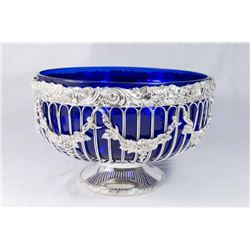 Silverplated Bowl with Blue Glass