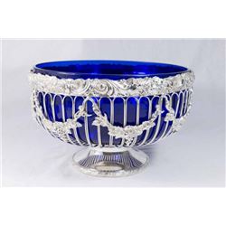 Silverplated Bowl with Blue Glass