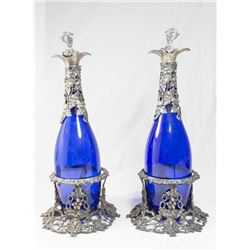 Pair Blue Glass Decanters & Stands