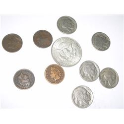 10 TOTAL U.S. COINS INCLUDES SILVER KENNEDY HALF DOLLAR/INDIAN HEAD CENTS & BUFFALO NICKELS!!