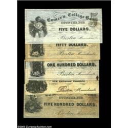Boston, MA- Cromer's College Bank $5, $50, $100 (2), $500 Schingoethe MA120-5, 50, 100A, 100B, 500Fi