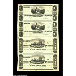 Boston, MA- The Massachusetts Bank $1-$1-$2-$2 G6-G56-G98-G98 Proofs Uncut SheetA Proof sheet on lig