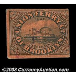 Brooklyn, NY - Union Ferry Co. A postage stamp sized chit valid for a foot passenger with a central.