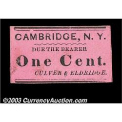 Cambridge, NY - Culver & Eldridge One CentA cardboard chit in pink and black with some evidence of m