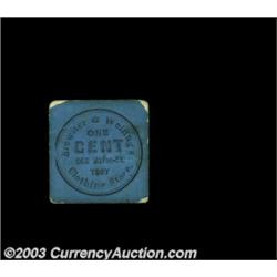 Troy, NY - Brewster & Welling's 1óA stamp size trade chit in black on blue cardboard stock. Located.