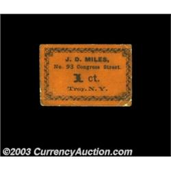 Troy, NY - J.D. Miles 1óA postage stamp size trade chit in black on orange cardboard stock. Mr. Mile