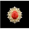 Image 1 : 2.70ct Coral and Diamond Ring - 14KT Yellow Gold