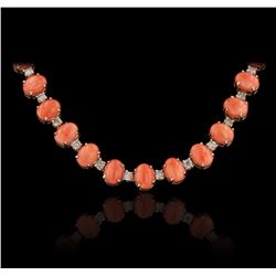 14KT Rose Gold 40.42ctw Pink Coral and Diamond Necklace