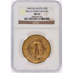 1908 NGC MS65 $20 St. Gaudens Double Eagle Wells Fargo Nevada Gold Coin