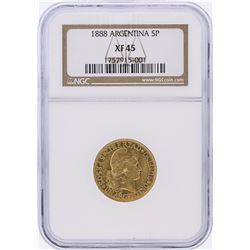 1888 NGC XF45 Argentina 5 Pesos Gold Coin
