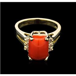 3.51ct Red Coral and Diamond Ring - 14KT Yellow Gold