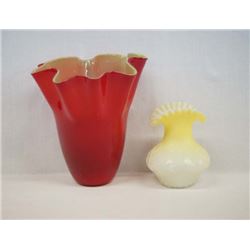 Pr. Hand Blown Cased Art Glass Ruffled Vases