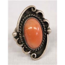 1950 Estate Navajo Sterling Coral Ring, Size 6.5