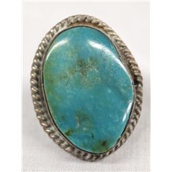 1950 Estate Navajo Silver Turquoise Ring, Size 6.5