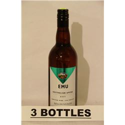 3 BOTTLES OF EMU AUSTRAILIAN APERA DRY FORTIFIED