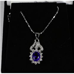 .925 SILVER PENDANT + NECKLACE - BLUE SAPPHIRE+CZ