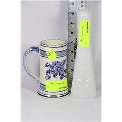 HOLLAND HAND PAINTED MUG WITH MILK GLASS VASE