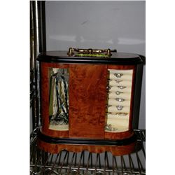 WOOD TONE JEWELLERY BOX FILLED WITH ASSORTED