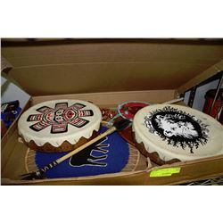 BOX OF NATIVE DRUMS AND ART