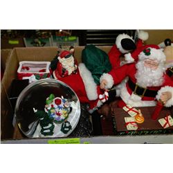 BOX OF SANTA ORNAMENTS AND GLOBE