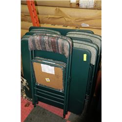 3 GREEN CARD TABLES WITH 10 FOLDING CHAIRS